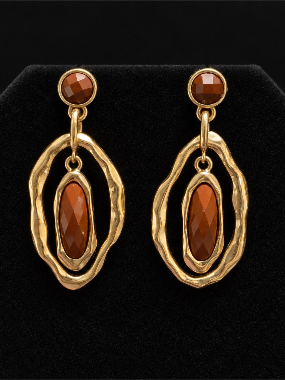 Gold-Tone Brown Faceted Stone Statement Earrings